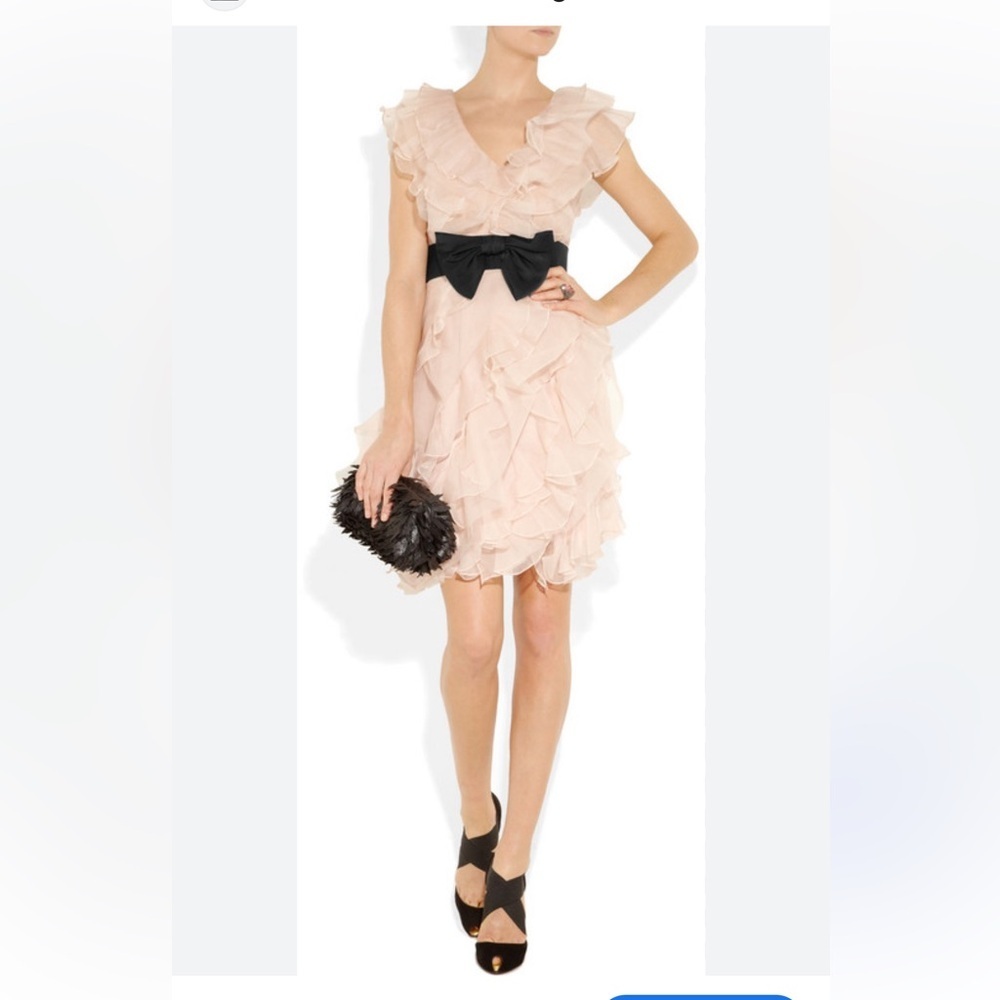 Marchesa Notte Blush Ruffle Dress with Black Accent 8